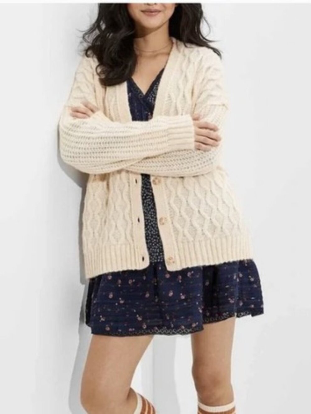 American Eagle Cable Knit Button Grandpa Oversized Cream Cardigan Medium